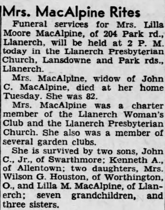 Lilla MacAlpine dies